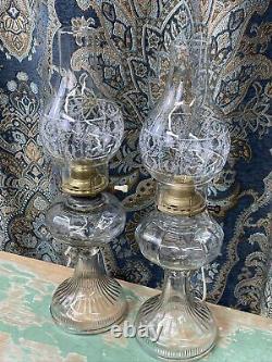 Antique Vtg Electric Oil Lamp PAIR Victorian Art Deco Clear Glass Buffet Boudoir