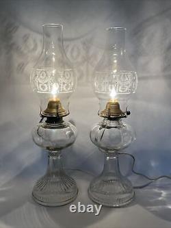 Antique Vtg Electric Oil Lamp PAIR Victorian Art Deco Clear Glass Buffet Boudoir