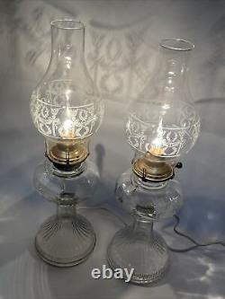 Antique Vtg Electric Oil Lamp PAIR Victorian Art Deco Clear Glass Buffet Boudoir