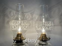 Antique Vtg Electric Oil Lamp PAIR Victorian Art Deco Clear Glass Buffet Boudoir