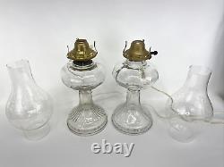 Antique Vtg Electric Oil Lamp PAIR Victorian Art Deco Clear Glass Buffet Boudoir