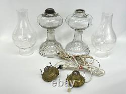 Antique Vtg Electric Oil Lamp PAIR Victorian Art Deco Clear Glass Buffet Boudoir