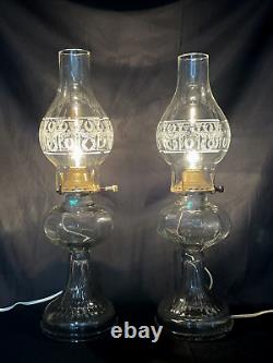 Antique Vtg Electric Oil Lamp PAIR Victorian Art Deco Clear Glass Buffet Boudoir