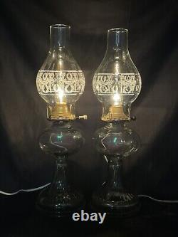 Antique Vtg Electric Oil Lamp PAIR Victorian Art Deco Clear Glass Buffet Boudoir