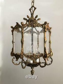 Antique Vtg European Brass & Plexi Glass Petite Lantern Chandelier Hanging Lamp