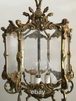 Antique Vtg European Brass & Plexi Glass Petite Lantern Chandelier Hanging Lamp