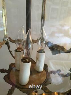 Antique Vtg European Brass & Plexi Glass Petite Lantern Chandelier Hanging Lamp