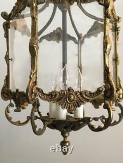 Antique Vtg European Brass & Plexi Glass Petite Lantern Chandelier Hanging Lamp