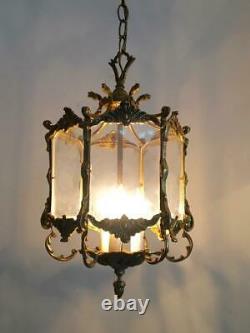 Antique Vtg European Brass & Plexi Glass Petite Lantern Chandelier Hanging Lamp