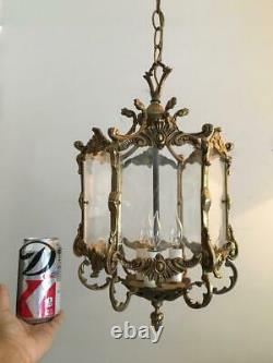 Antique Vtg European Brass & Plexi Glass Petite Lantern Chandelier Hanging Lamp