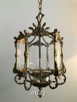 Antique Vtg European Brass & Plexi Glass Petite Lantern Chandelier Hanging Lamp