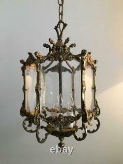 Antique Vtg European Brass & Plexi Glass Petite Lantern Chandelier Hanging Lamp