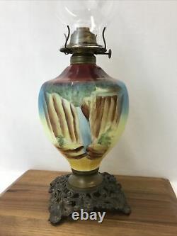 Antique Vtg Hand Painted WATERFALL Oil Lamp Kerosene Hurricane Lantern Red Blue