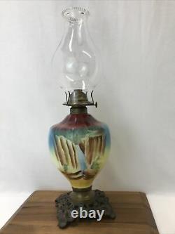 Antique Vtg Hand Painted WATERFALL Oil Lamp Kerosene Hurricane Lantern Red Blue