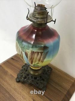 Antique Vtg Hand Painted WATERFALL Oil Lamp Kerosene Hurricane Lantern Red Blue