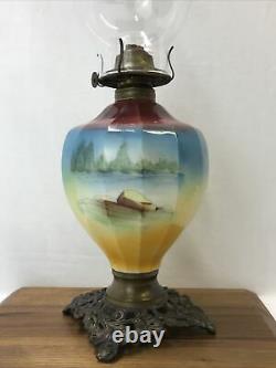 Antique Vtg Hand Painted WATERFALL Oil Lamp Kerosene Hurricane Lantern Red Blue