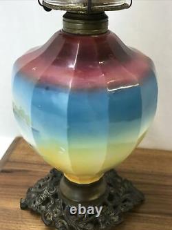 Antique Vtg Hand Painted WATERFALL Oil Lamp Kerosene Hurricane Lantern Red Blue