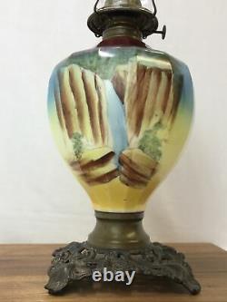 Antique Vtg Hand Painted WATERFALL Oil Lamp Kerosene Hurricane Lantern Red Blue