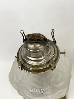 Antique Vtg Oil Lamp PAIR Victorian Beaded Drape Glass Frosted Satin, Hurricane
