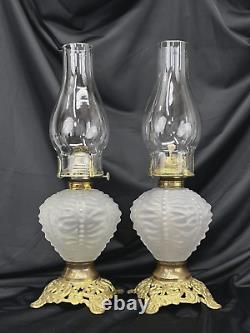 Antique Vtg Oil Lamp PAIR Victorian Beaded Drape Glass Frosted Satin, Hurricane