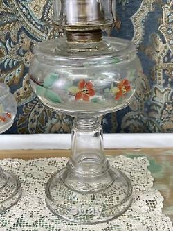 Antique Vtg Oil Lamp Pair Victorian Farmhouse Art Deco Floral Hand Painted Boho