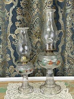 Antique Vtg Oil Lamp Pair Victorian Farmhouse Art Deco Floral Hand Painted Boho