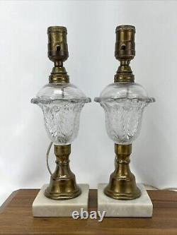 Antique Vtg PAIR Boudoir Lamps Glass Brass Marble Whale Oil Victorian Art Deco