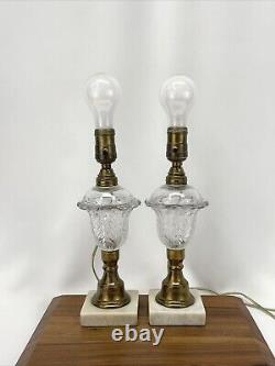 Antique Vtg PAIR Boudoir Lamps Glass Brass Marble Whale Oil Victorian Art Deco