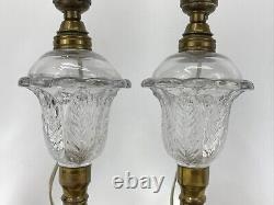 Antique Vtg PAIR Boudoir Lamps Glass Brass Marble Whale Oil Victorian Art Deco