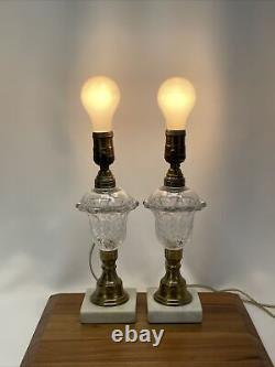 Antique Vtg PAIR Boudoir Lamps Glass Brass Marble Whale Oil Victorian Art Deco