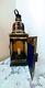 Antique Vtg Tin Lantern Candle Chimney Light Holder withColor Glass Panels