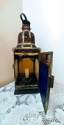 Antique Vtg Tin Lantern Candle Chimney Light Holder withColor Glass Panels