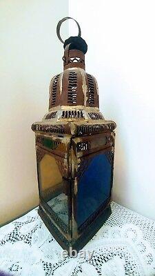 Antique Vtg Tin Lantern Candle Chimney Light Holder withColor Glass Panels