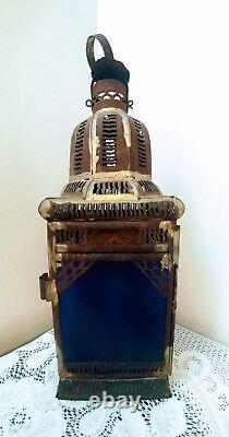 Antique Vtg Tin Lantern Candle Chimney Light Holder withColor Glass Panels