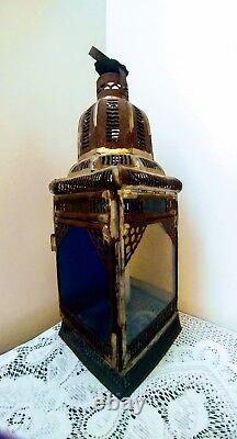 Antique Vtg Tin Lantern Candle Chimney Light Holder withColor Glass Panels