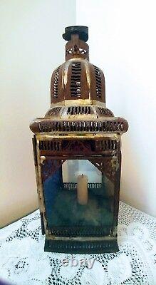 Antique Vtg Tin Lantern Candle Chimney Light Holder withColor Glass Panels