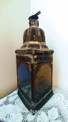Antique Vtg Tin Lantern Candle Chimney Light Holder withColor Glass Panels