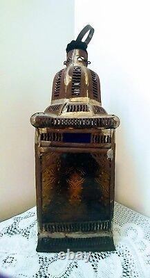 Antique Vtg Tin Lantern Candle Chimney Light Holder withColor Glass Panels