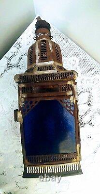 Antique Vtg Tin Lantern Candle Chimney Light Holder withColor Glass Panels