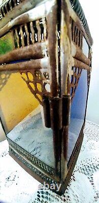 Antique Vtg Tin Lantern Candle Chimney Light Holder withColor Glass Panels