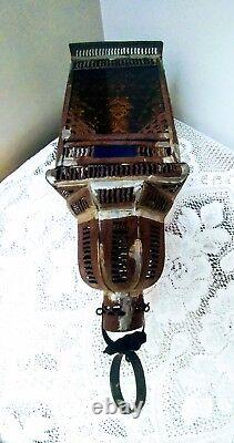Antique Vtg Tin Lantern Candle Chimney Light Holder withColor Glass Panels