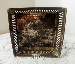 Antique Vtg Tin Lantern Candle Chimney Light Holder withColor Glass Panels