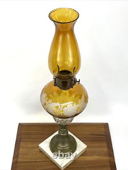 Antique Vtg Victorian Amber Cut to Clear Glass Sandwich Oil Lamp Marble Base P&A