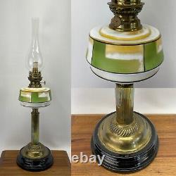 Antique Vtg Victorian Art Deco Kerosene Oil Lamp Glass Brass Green Geometric MCM