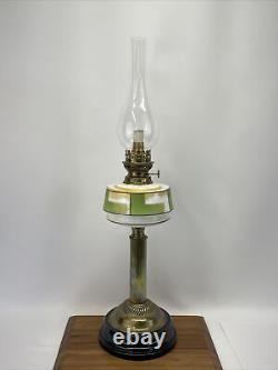 Antique Vtg Victorian Art Deco Kerosene Oil Lamp Glass Brass Green Geometric MCM