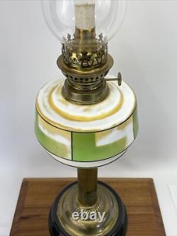 Antique Vtg Victorian Art Deco Kerosene Oil Lamp Glass Brass Green Geometric MCM