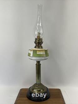 Antique Vtg Victorian Art Deco Kerosene Oil Lamp Glass Brass Green Geometric MCM