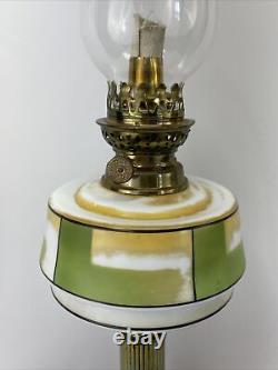 Antique Vtg Victorian Art Deco Kerosene Oil Lamp Glass Brass Green Geometric MCM