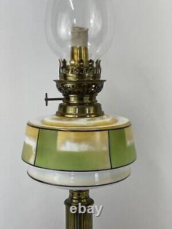 Antique Vtg Victorian Art Deco Kerosene Oil Lamp Glass Brass Green Geometric MCM