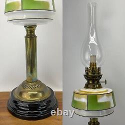 Antique Vtg Victorian Art Deco Kerosene Oil Lamp Glass Brass Green Geometric MCM